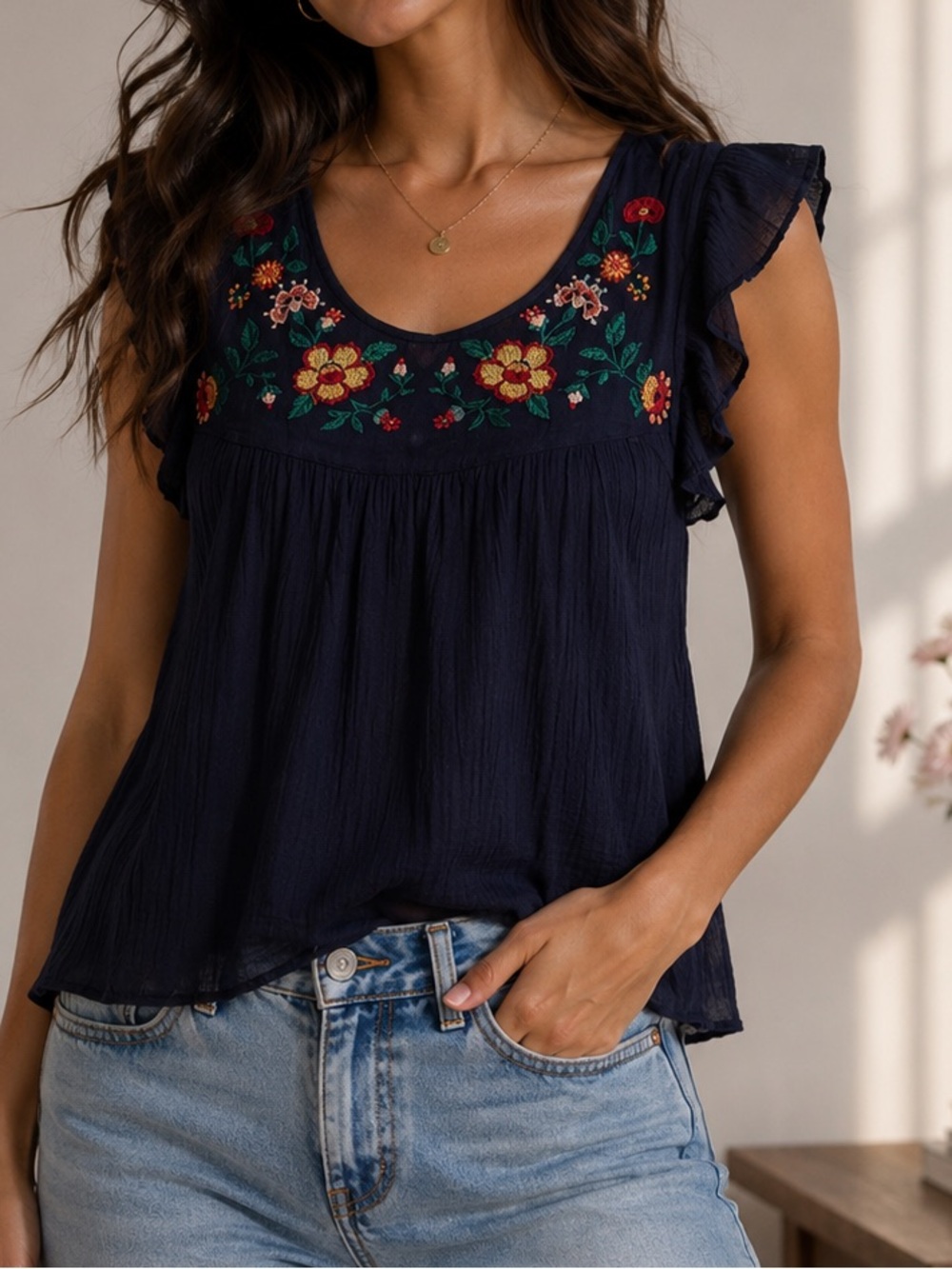 Navy floral embroidery mix sleeveless top size S